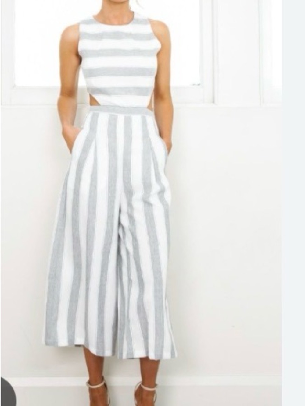 Fancyinn Striped Wide-Leg Cutout Jumpsuit - White & Gray